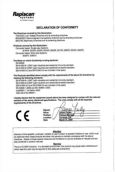 Declaration of Conformity CE Self Certification 6XX XR 632DV 638DV