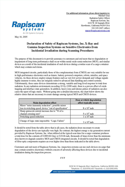 Declaration of Safety for sensitive electronics