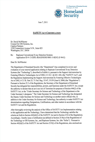 F 94 E Signed SAFETY ACT Certification Award 14