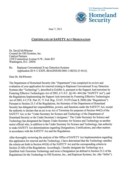 F 94 E Signed SAFETY ACT Designation Award 14.20