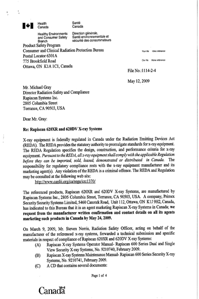Health Canada Approval Letter 600 Series Page 1