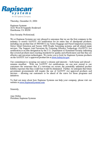 Safety Act Customer Letter 122106