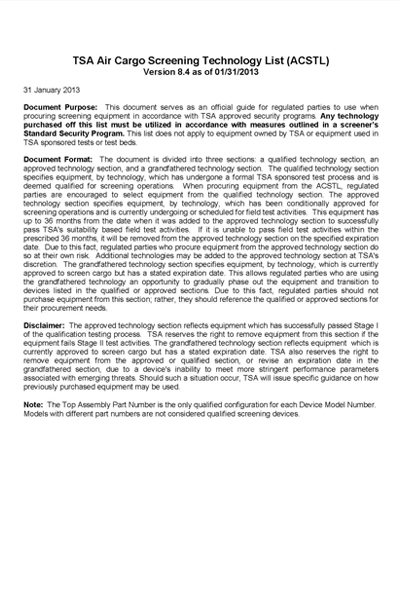 U.S. TSA Air Cargo Technology List NonSSI Jan 2013 Page 1